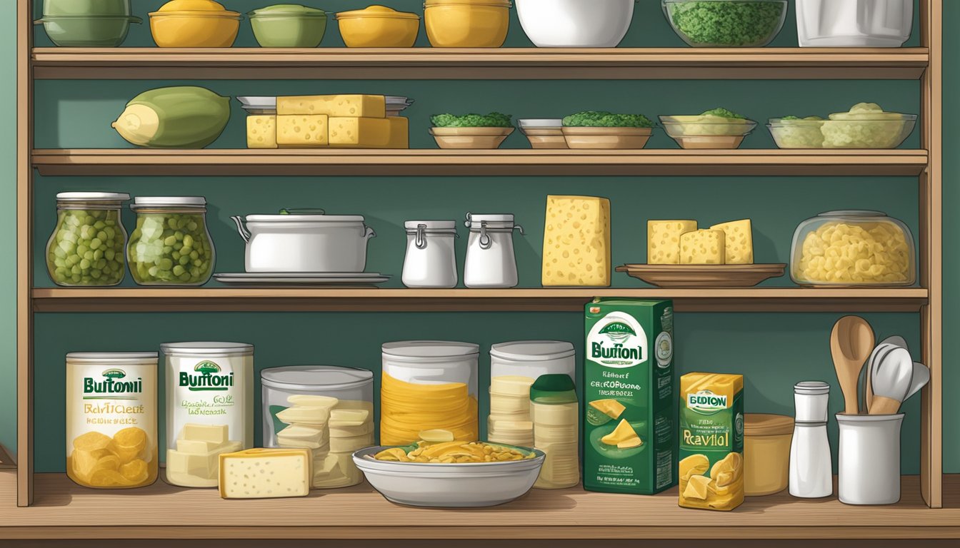 A kitchen pantry with a package of Buitoni four cheese ravioli sitting on a shelf, surrounded by other food items and cooking utensils