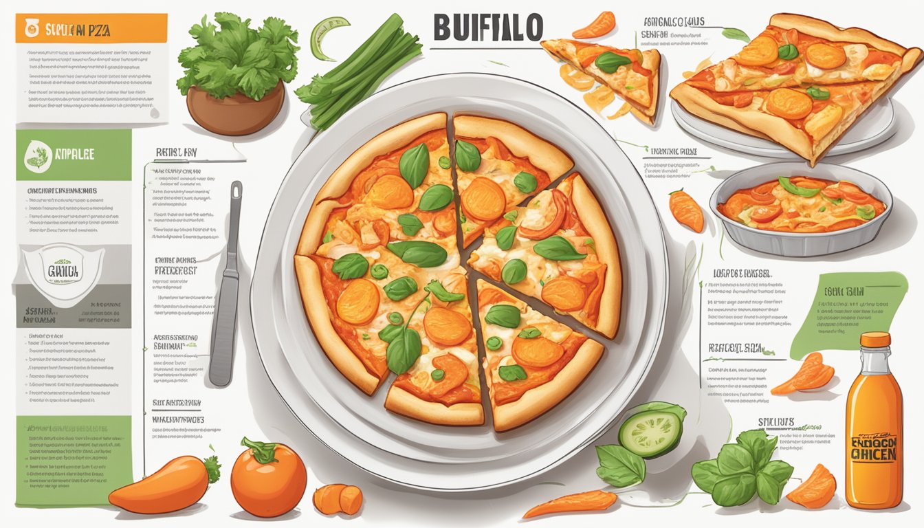 A sizzling buffalo chicken pizza sits on a clean, white plate, surrounded by fresh ingredients and a food safety guide