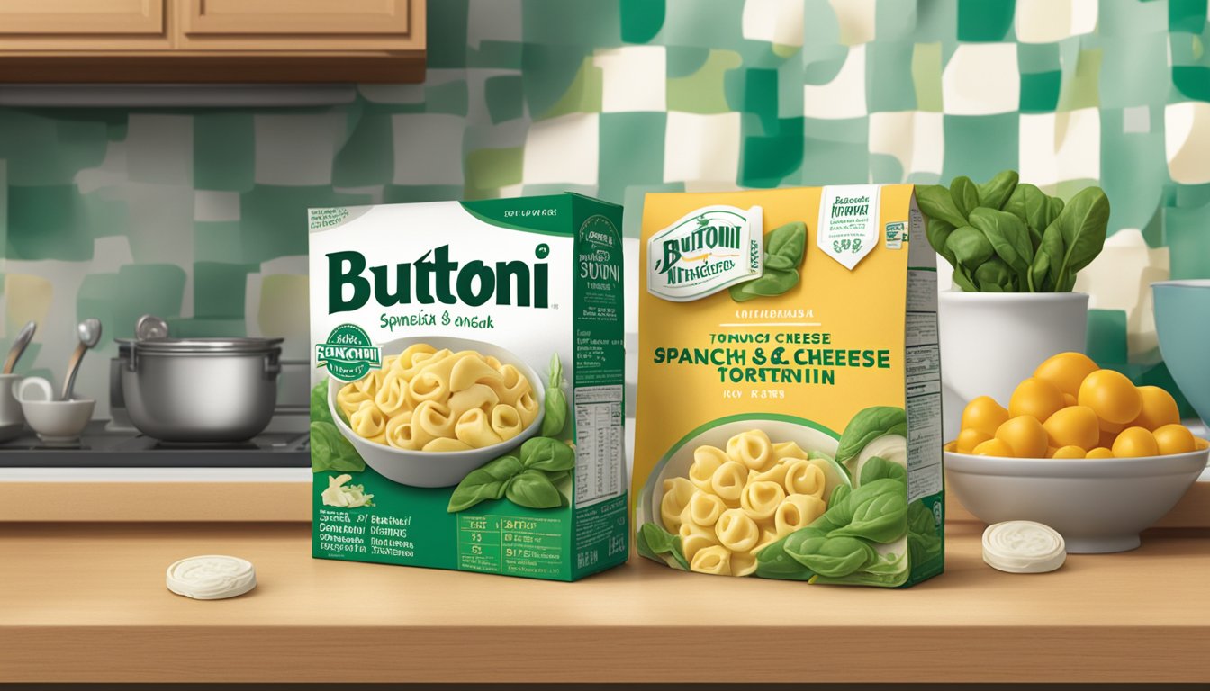 A package of Buitoni spinach & cheese tortellini sits unopened on a kitchen counter, surrounded by fresh ingredients and a calendar on the wall