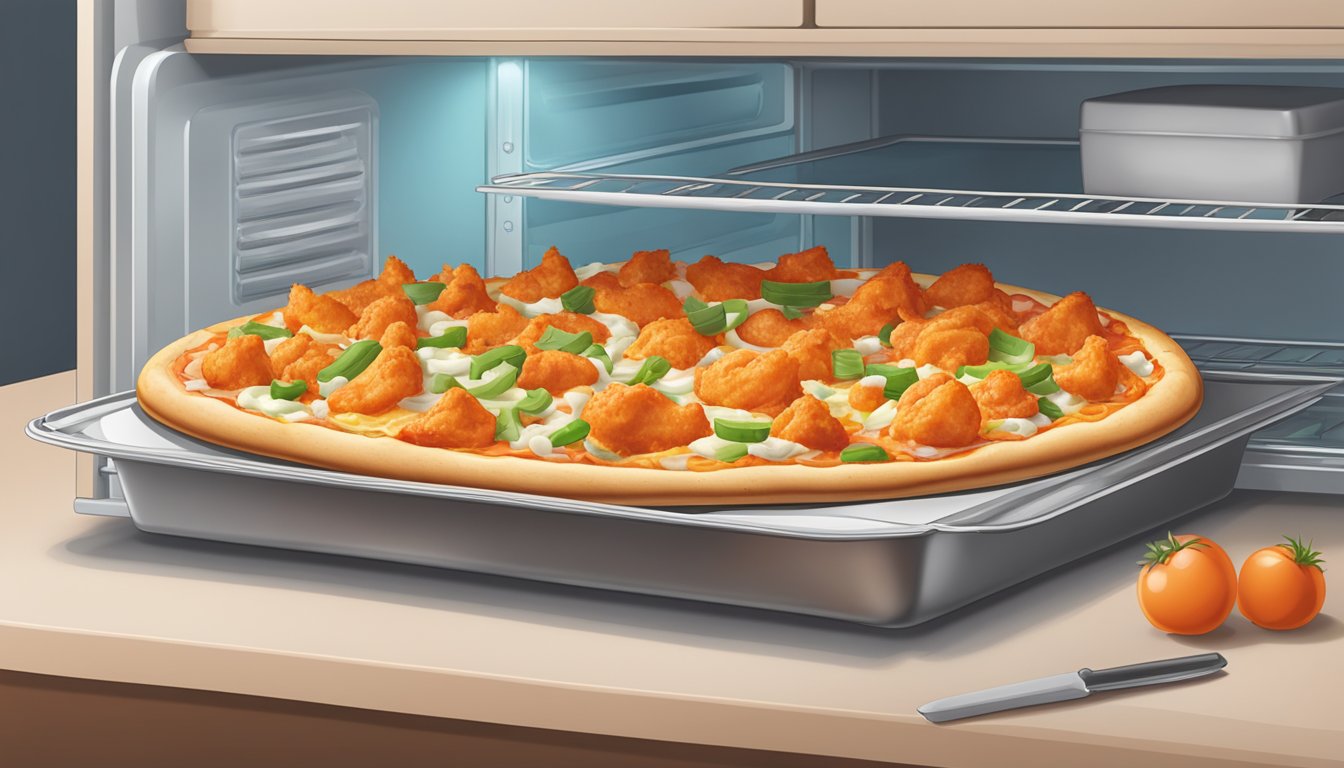 A freshly baked buffalo chicken pizza is placed in an airtight container and stored in the refrigerator