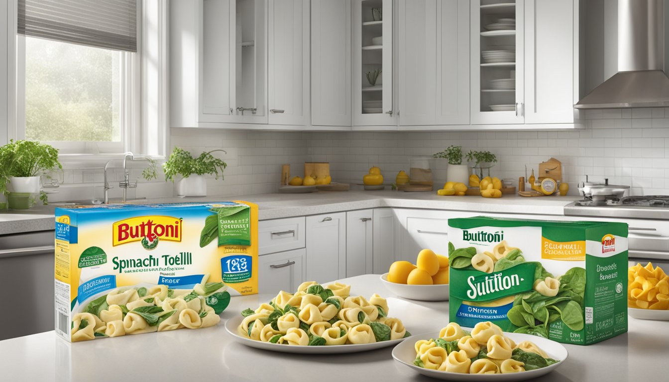 A package of Buitoni spinach and cheese tortellini sits on a clean, white kitchen counter, surrounded by fresh ingredients and a calendar marking the expiration date