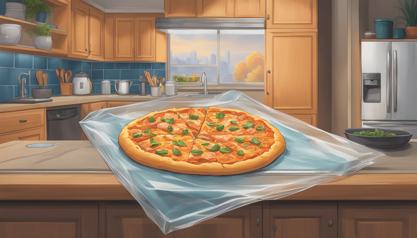 A buffalo chicken pizza sits on a kitchen counter, covered in a clear plastic wrap to keep it fresh. A clock on the wall shows the passage of time