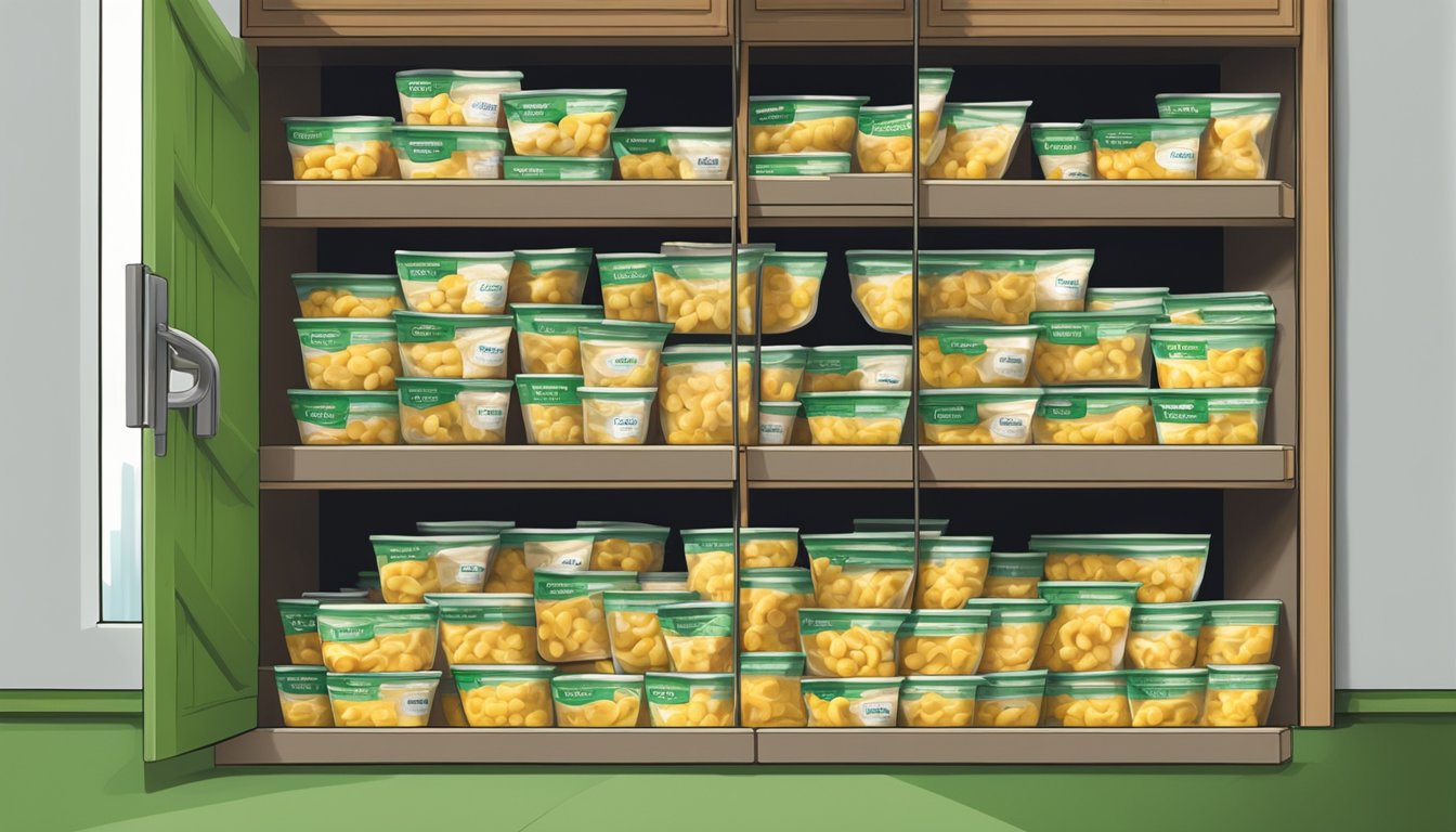 A pantry stocked with sealed, unopened packages of Buitoni spinach and cheese tortellini, stored in a cool, dry place away from direct sunlight