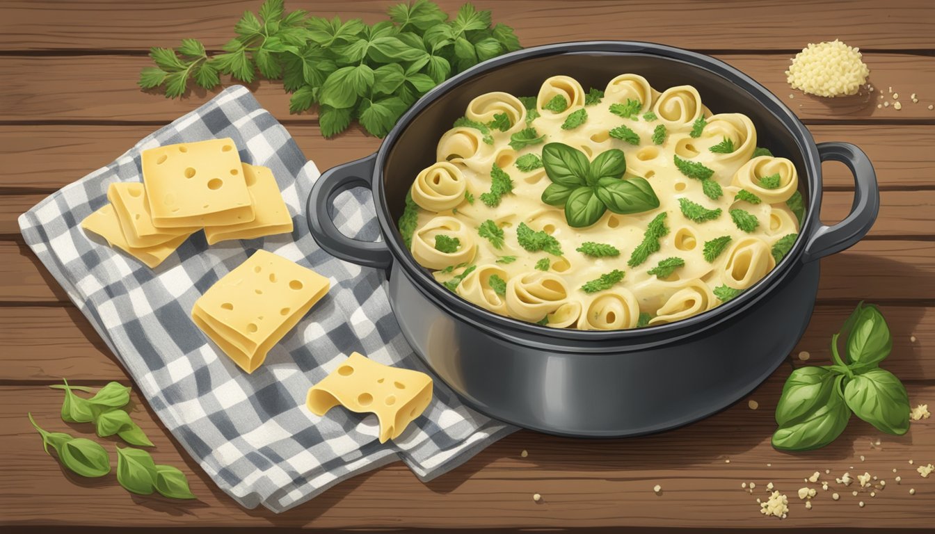 A steaming pot of Buitoni Three Cheese Tortellini sits on a rustic wooden table, surrounded by fresh herbs and a sprinkle of grated parmesan