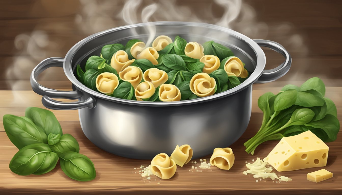 A steaming pot of tortellini on a rustic wooden table, surrounded by fresh spinach and cheese, with a hint of steam rising from the pasta