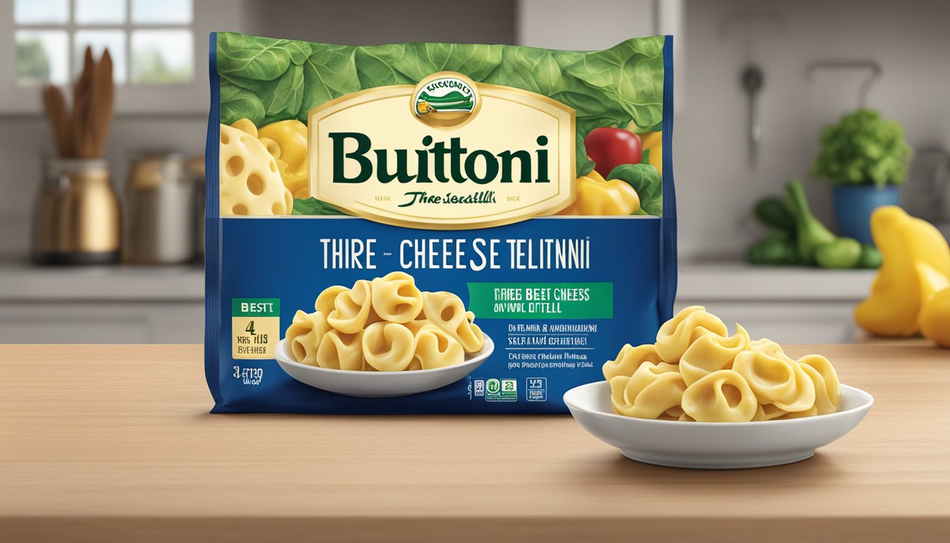 A package of Buitoni three cheese tortellini sits unopened on a kitchen counter, with a best-by date clearly visible on the packaging