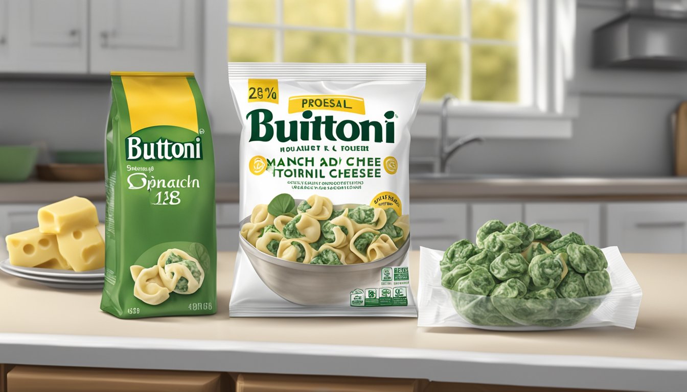 A package of Buitoni spinach and cheese tortellini sits unopened on a kitchen counter, with a clear expiration date visible on the packaging