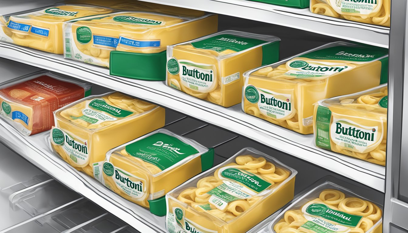 A package of Buitoni three cheese tortellini is shown being stored in a refrigerator, with a clear expiration date label visible