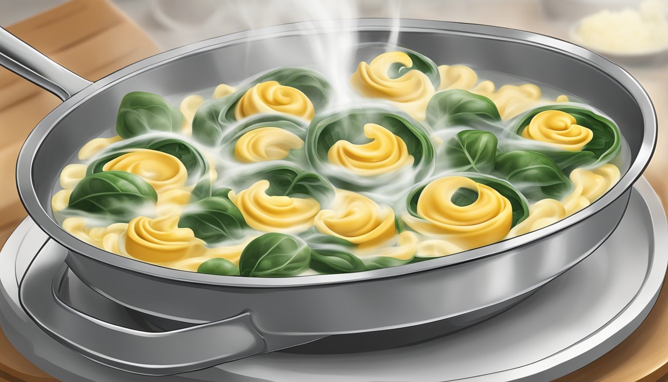 A pot of boiling water with Buitoni spinach & cheese tortellini being dropped in