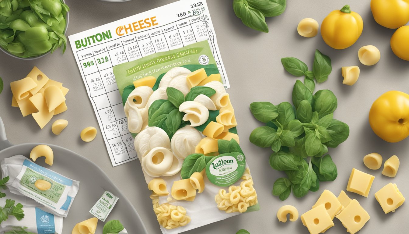 A package of Buitoni three cheese tortellini sits on a kitchen counter, surrounded by fresh ingredients and a calendar marking the expiration date