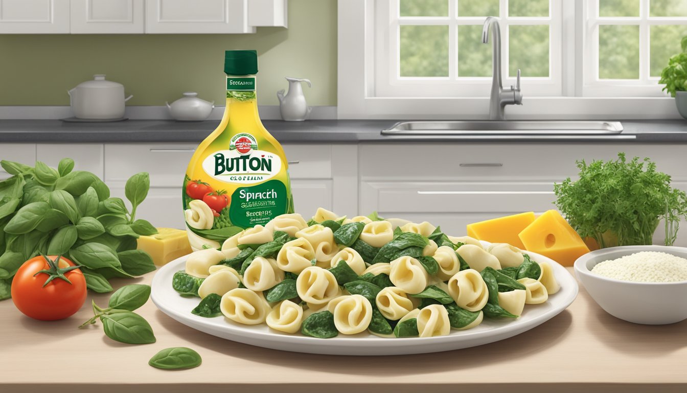 A package of Buitoni spinach and cheese tortellini sits unopened on a kitchen counter, surrounded by fresh herbs, tomatoes, and a bottle of olive oil