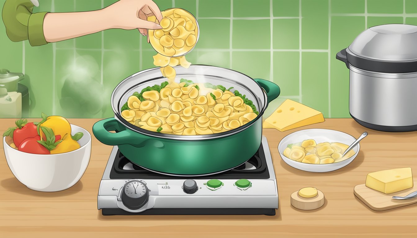 A pot of boiling water with Buitoni three cheese tortellini being added, a timer set for recommended cooking time