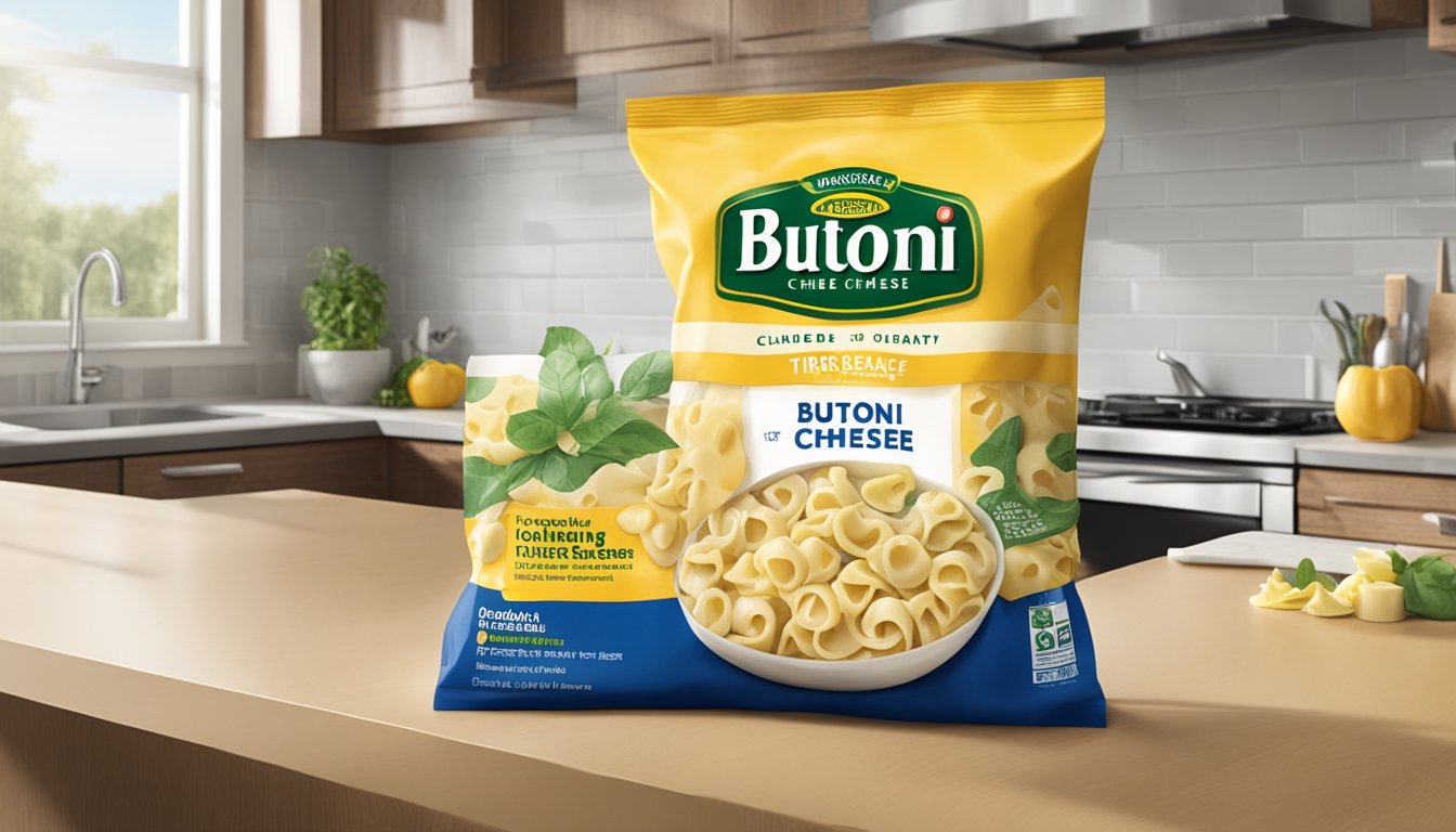 A package of Buitoni three cheese tortellini sits open on a kitchen counter, with a resealable bag clipped shut. A calendar on the wall shows the current date