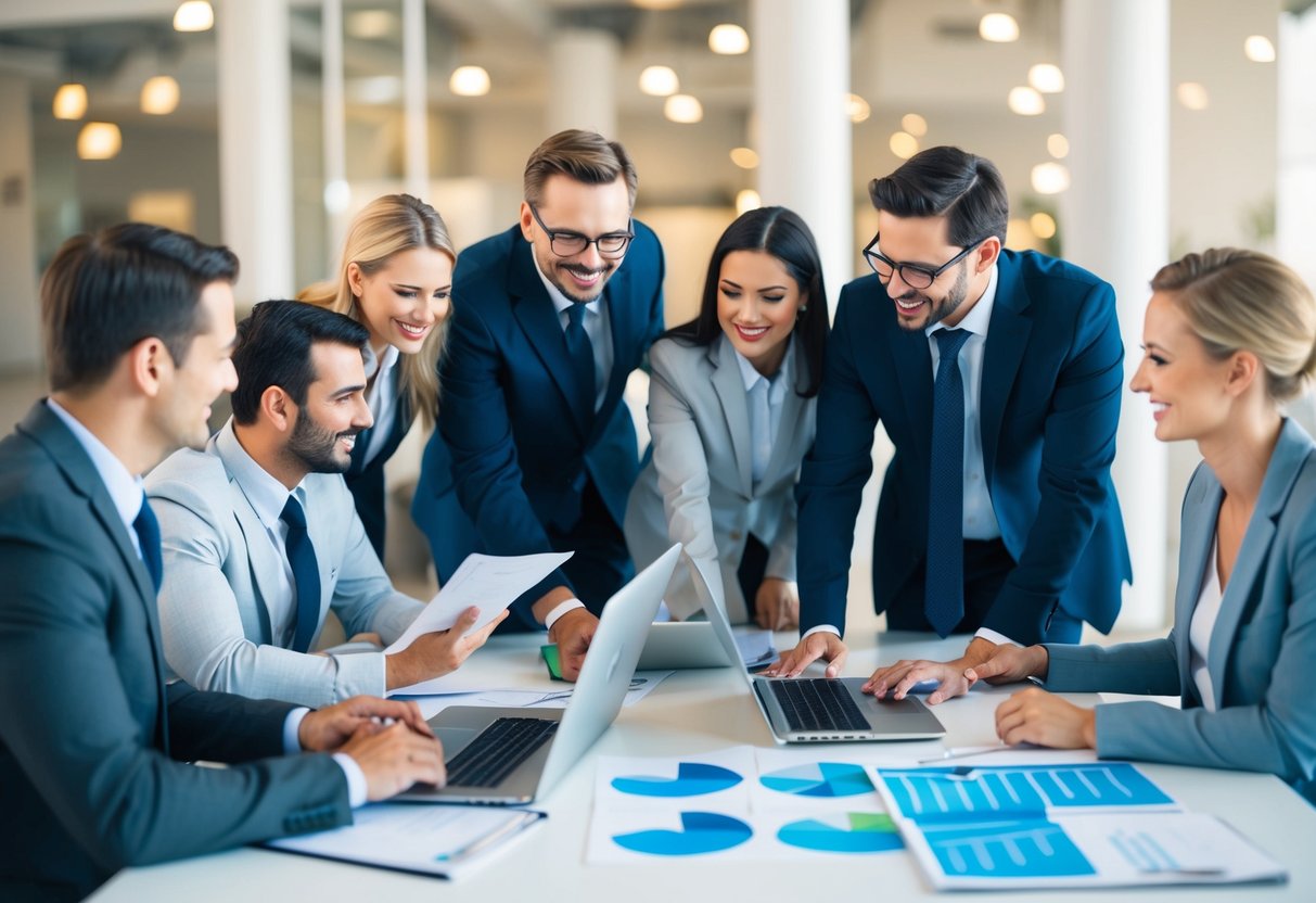 Un groupe de professionnels collaborant autour d'une table, avec des papiers, des ordinateurs portables et des graphiques, montrant le travail d'équipe et la planification stratégique.