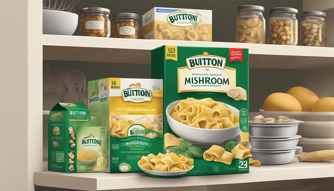 A package of Buitoni Mushroom Agnolotti sits on a clean, organized kitchen shelf, surrounded by other pantry items. The packaging is intact and shows the expiration date clearly