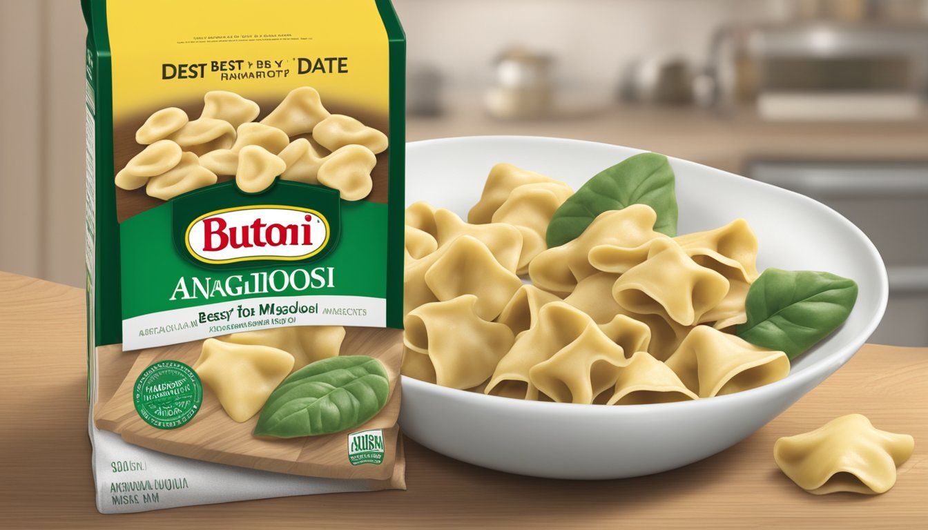 A package of Buitoni mushroom agnolotti stored in a cool, dry pantry with a "best by" date visible on the packaging