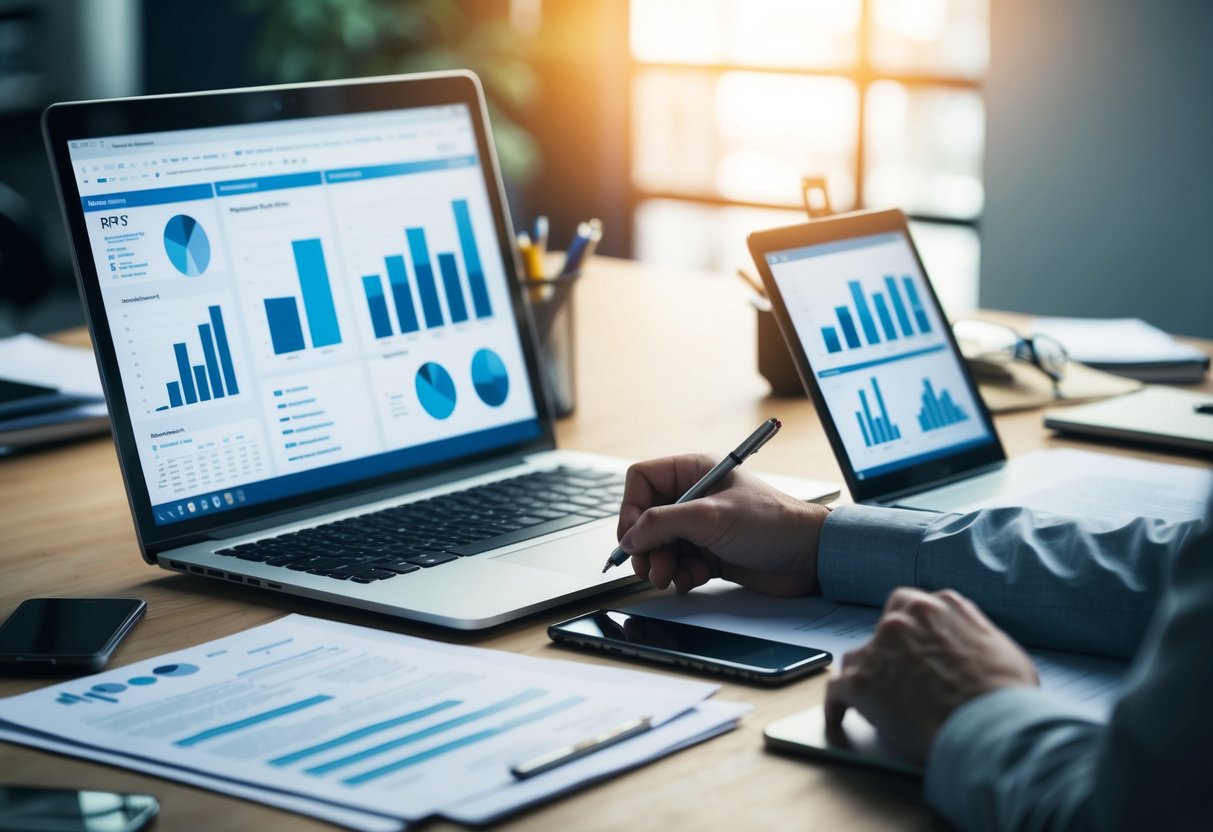 Un bureau encombré avec des documents RFP ouverts, un ordinateur portable et un téléphone. La main d'une personne prenant des notes. Des graphiques et des diagrammes sur l'écran de l'ordinateur.