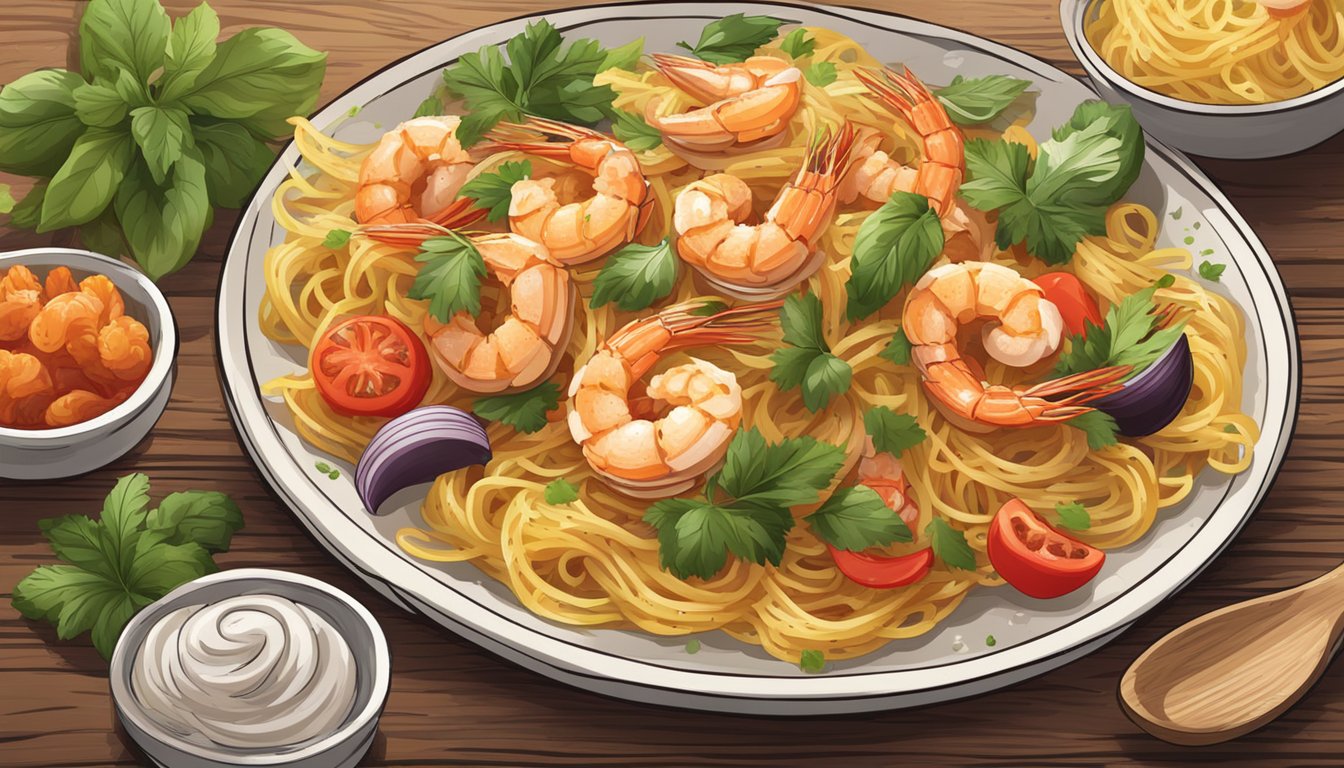 A steaming plate of Cajun shrimp pasta sits on a rustic wooden table, surrounded by colorful ingredients and a hint of steam rising from the dish