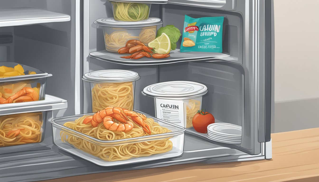 A sealed container of cajun shrimp pasta sits in a refrigerator next to other leftovers. The date of preparation is written on a label