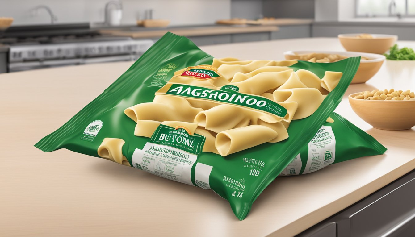 A package of Buitoni mushroom agnolotti sits on a kitchen counter, with the expiration date clearly visible