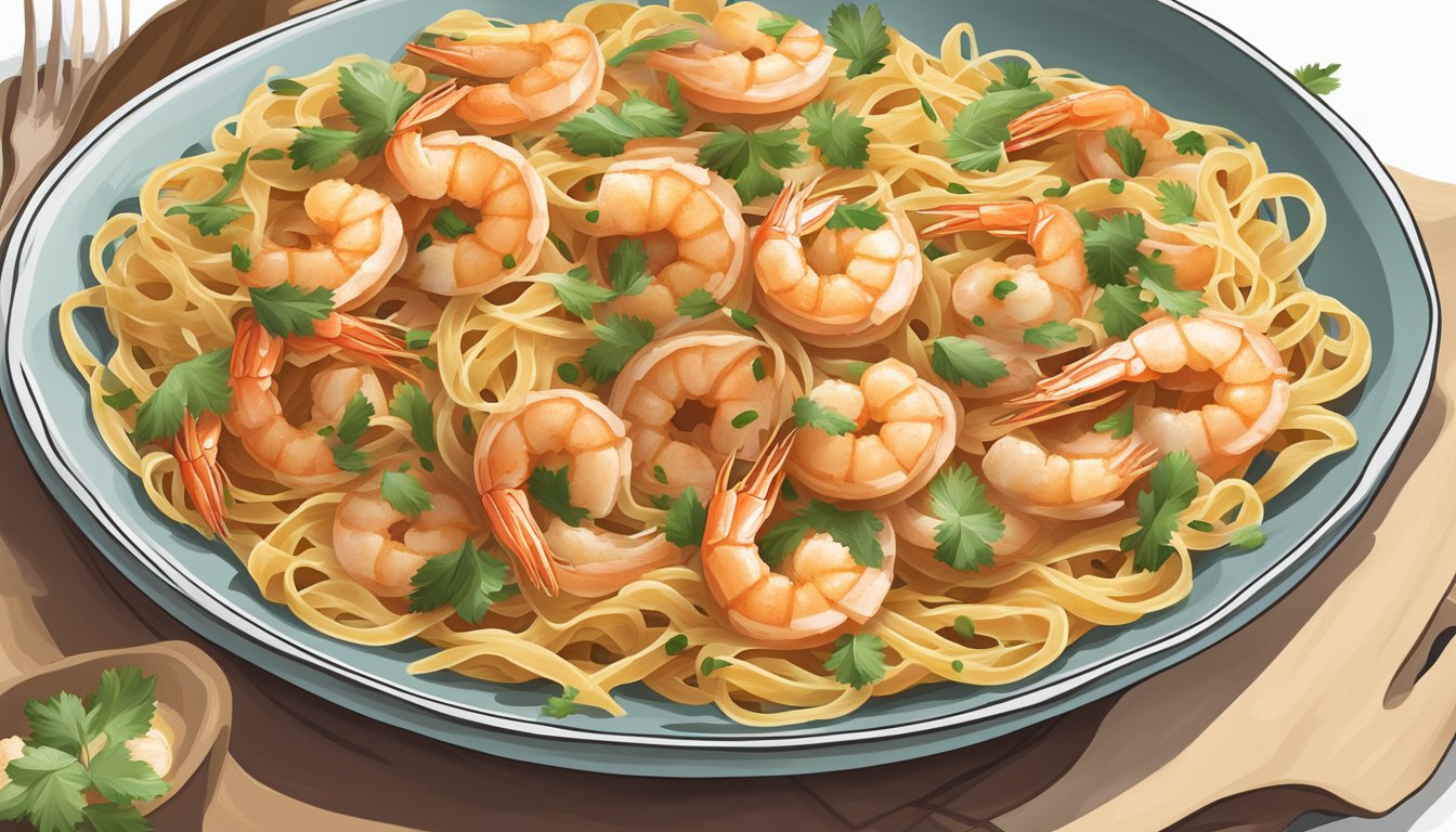 A plate of cajun shrimp pasta with a visible expiration date and safety indicators