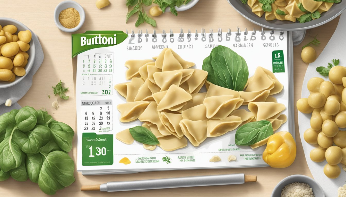 A package of Buitoni mushroom agnolotti sits on a kitchen counter, surrounded by fresh ingredients and a calendar showing the current date