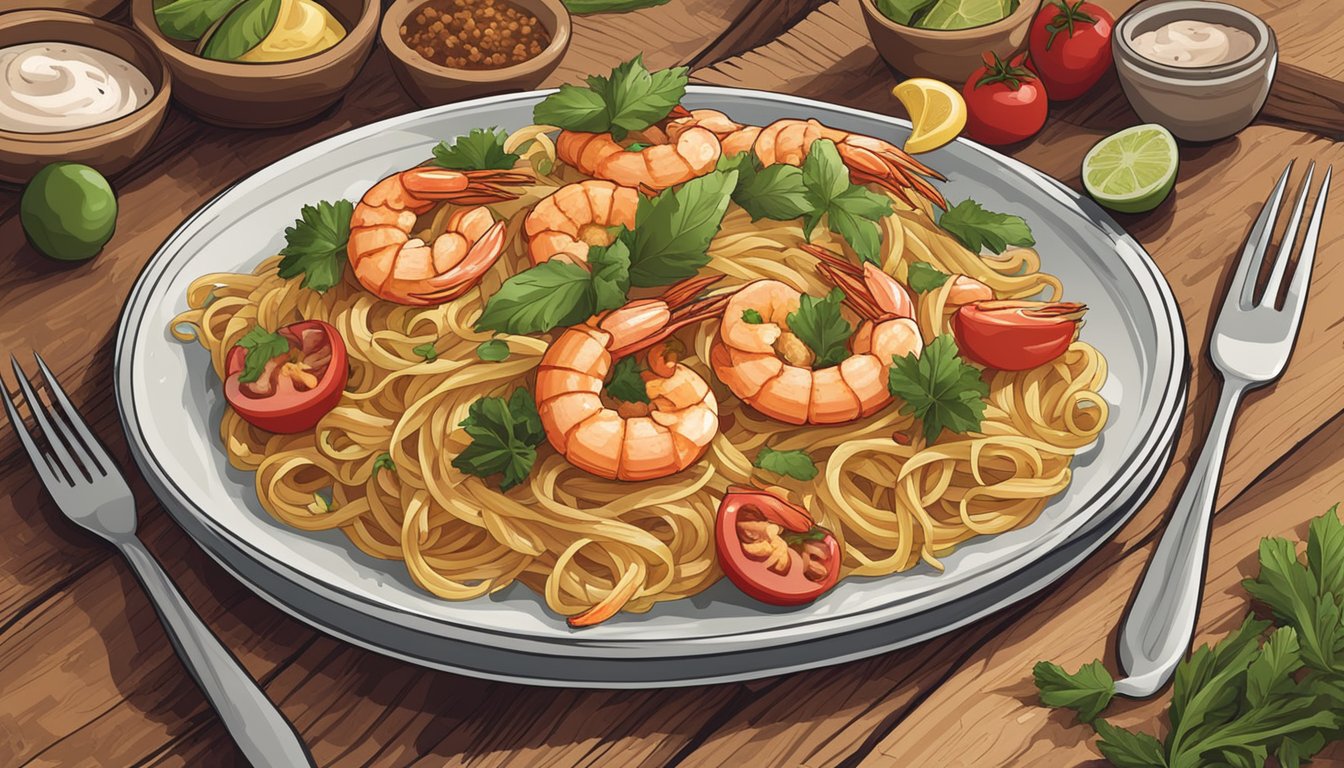 A colorful plate of cajun shrimp pasta sits on a rustic wooden table, surrounded by fresh ingredients and spices. A calendar on the wall indicates the current date