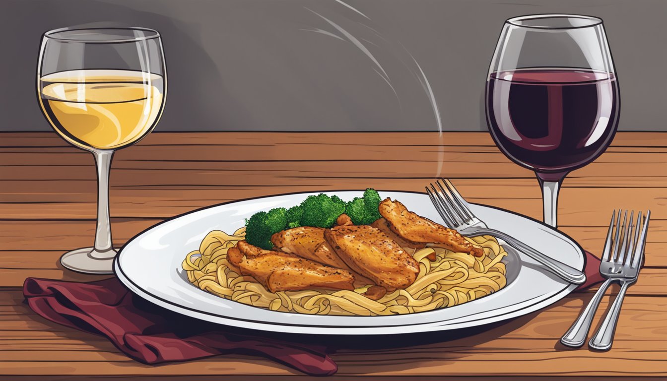 A steaming plate of cajun chicken pasta sits next to a glass of red wine on a rustic wooden table. A fork rests on the side of the plate