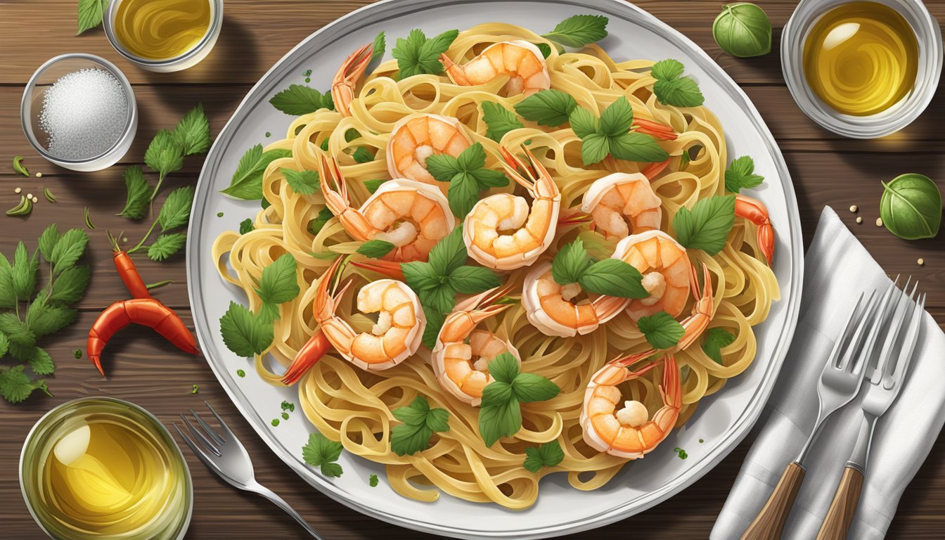 A plate of cajun shrimp pasta sits on a rustic wooden table, surrounded by a variety of fresh herbs and spices. A glass of white wine complements the dish