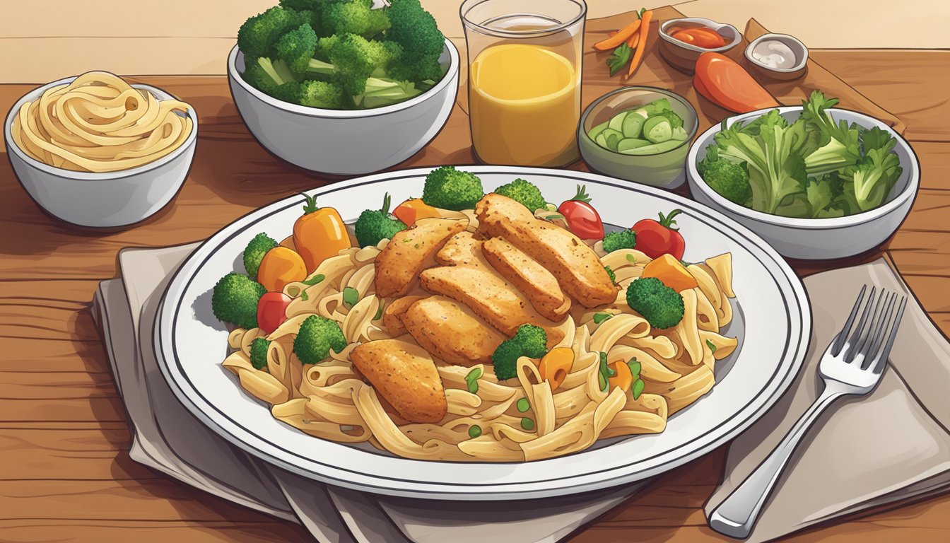 A plate of cajun chicken pasta sits on a kitchen table, covered in a creamy sauce with colorful vegetables and tender pieces of chicken