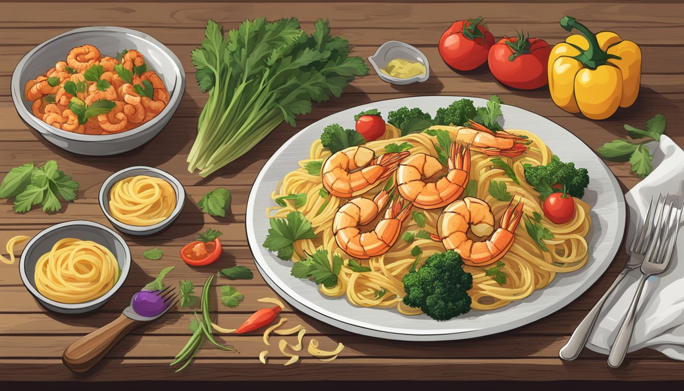 A steaming plate of cajun shrimp pasta sits on a rustic wooden table, surrounded by colorful vegetables and herbs. A fork rests beside the dish