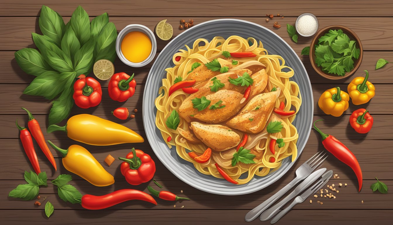 A steaming plate of Cajun Chicken Pasta sits on a rustic wooden table, surrounded by vibrant peppers and spices