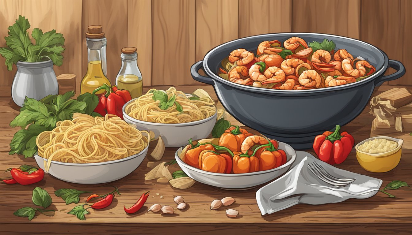 A steaming bowl of Cajun shrimp pasta sits on a rustic wooden table, surrounded by scattered ingredients like peppers and garlic