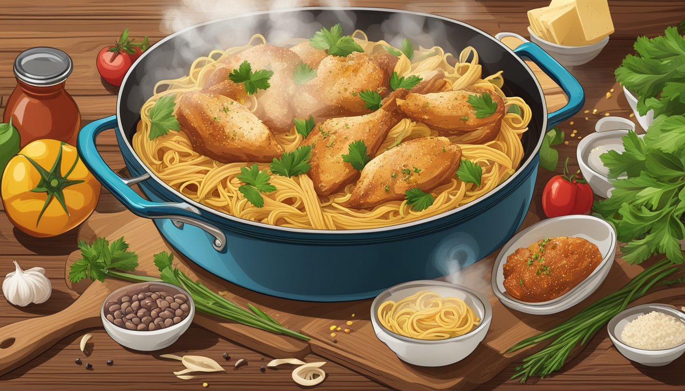 A steaming pot of Cajun chicken pasta sits on a wooden table, surrounded by fresh ingredients and cooking utensils. The aroma of spices fills the air