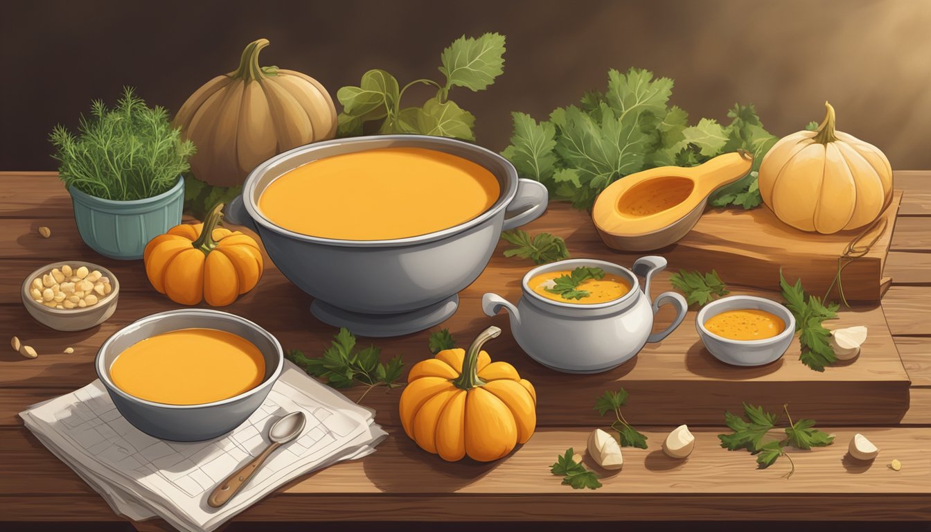 A steaming bowl of butternut squash soup sits on a rustic wooden table, surrounded by fresh ingredients and a calendar marking the date of preparation