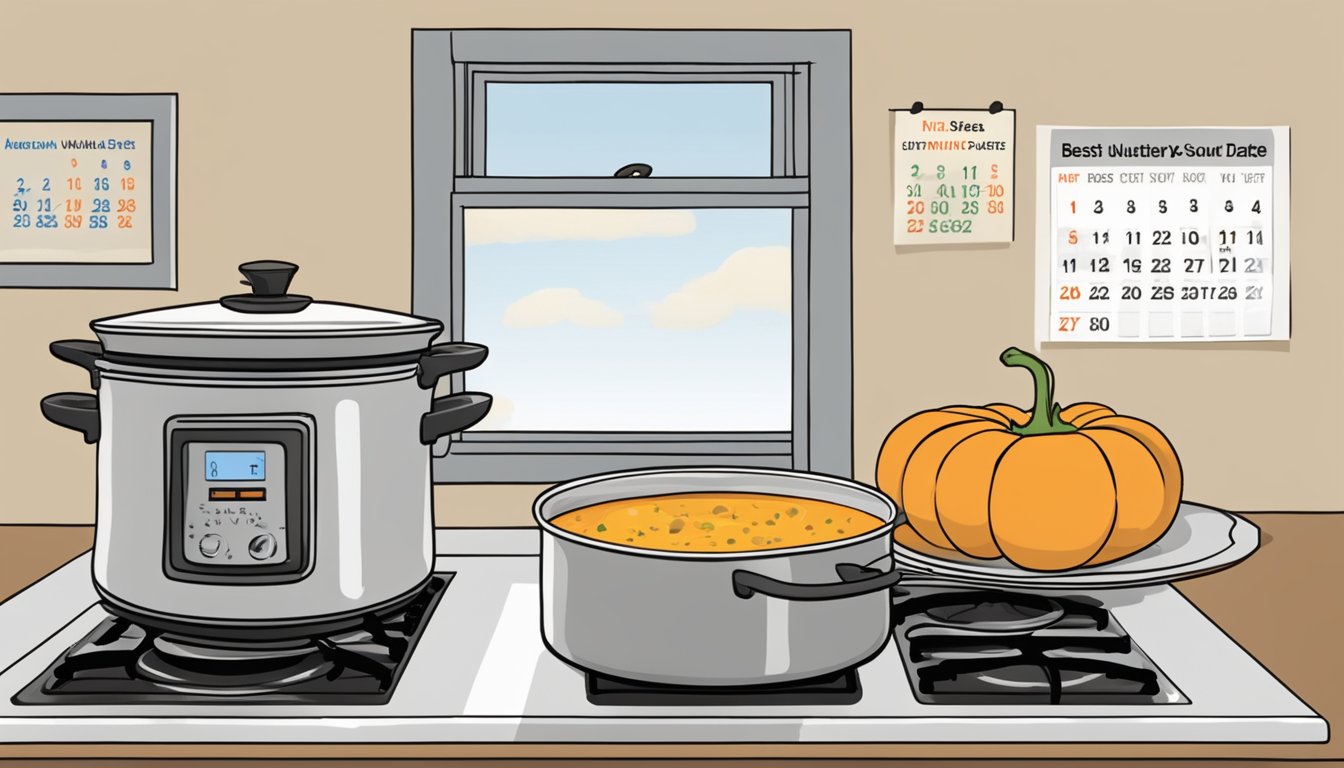 A pot of butternut squash soup sits on a stove, steam rising. A calendar on the wall shows the current date and a "best by" date circled in red