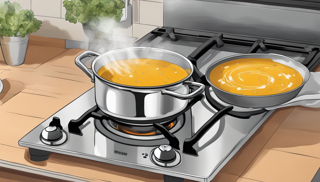 A pot of butternut squash soup being reheated on a stovetop