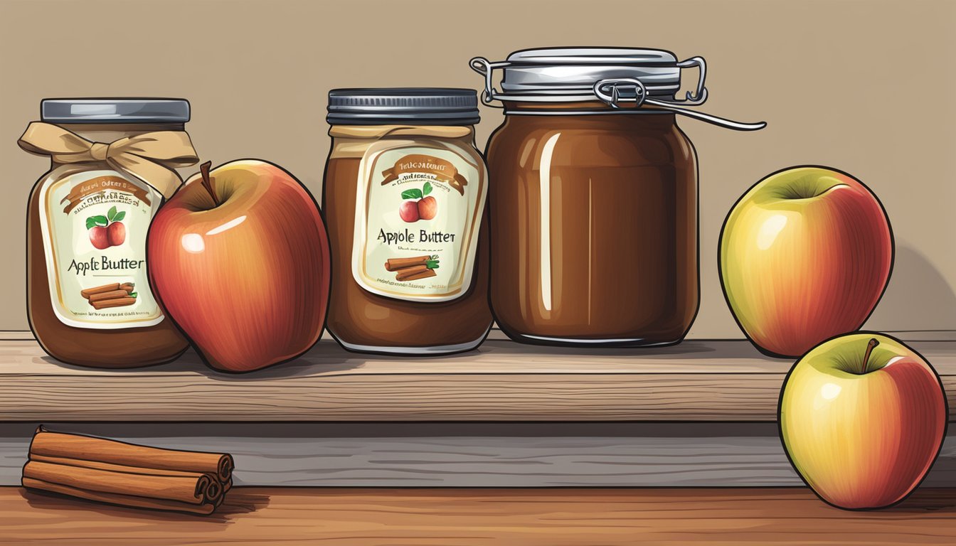 A jar of apple butter on a shelf, surrounded by apples and cinnamon sticks