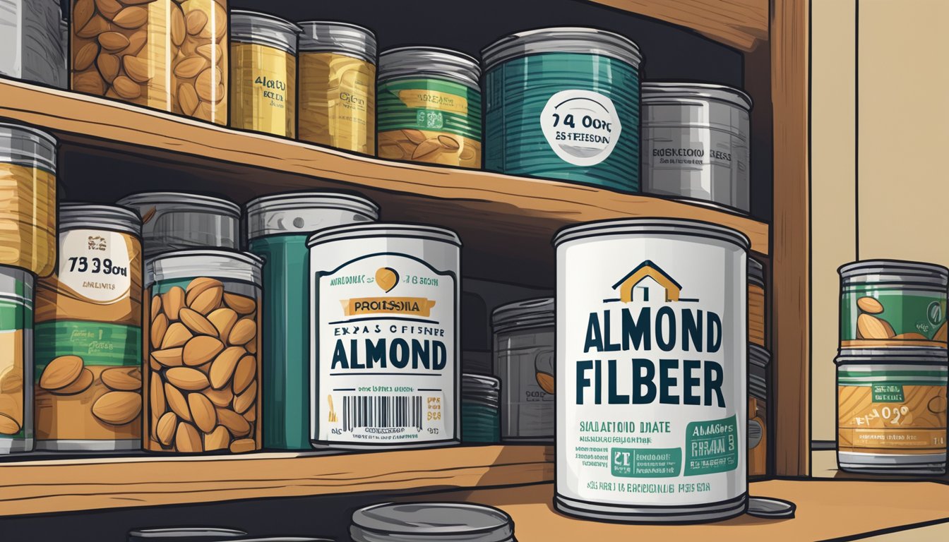 A sealed can of almond fiber sits on a shelf, surrounded by other canned goods. The label indicates the expiration date