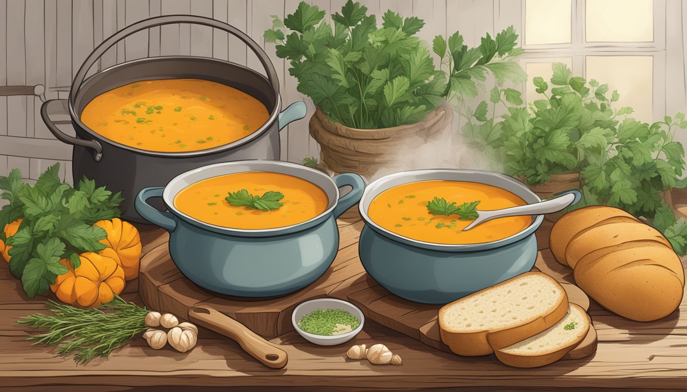 A steaming pot of butternut squash soup sits on a rustic wooden table, surrounded by fresh herbs and a loaf of crusty bread