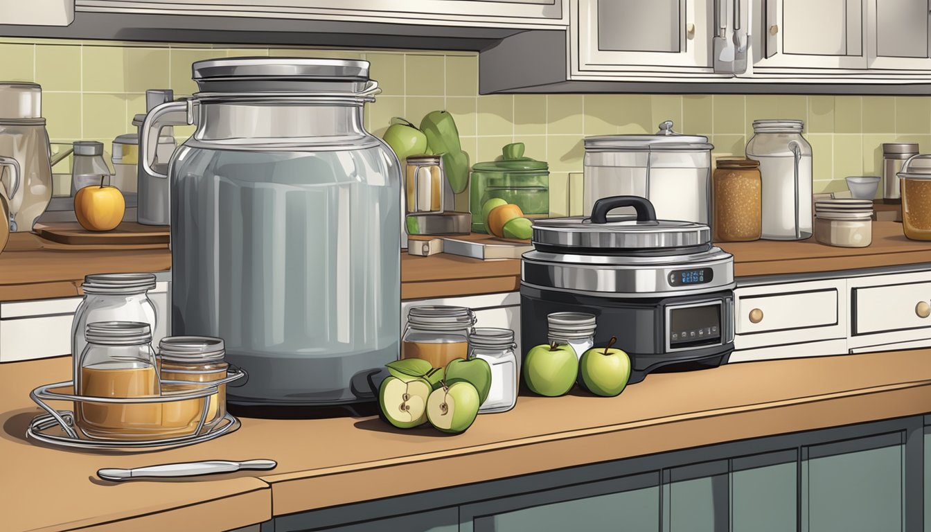 A kitchen counter with jars of apple butter, a pot of boiling water, and a timer set for the recommended canning time