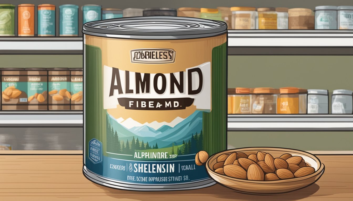 A sealed can of almond fiber sits on a shelf, surrounded by other canned goods. The label indicates the expiration date and suggested shelf life