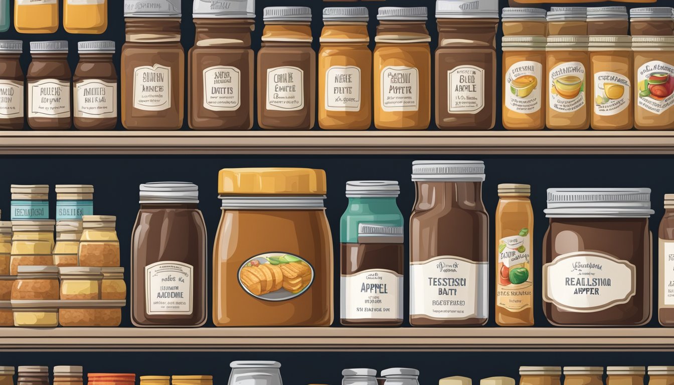 A pantry shelf filled with neatly organized canned goods, including a jar of apple butter with a label indicating its expiration date