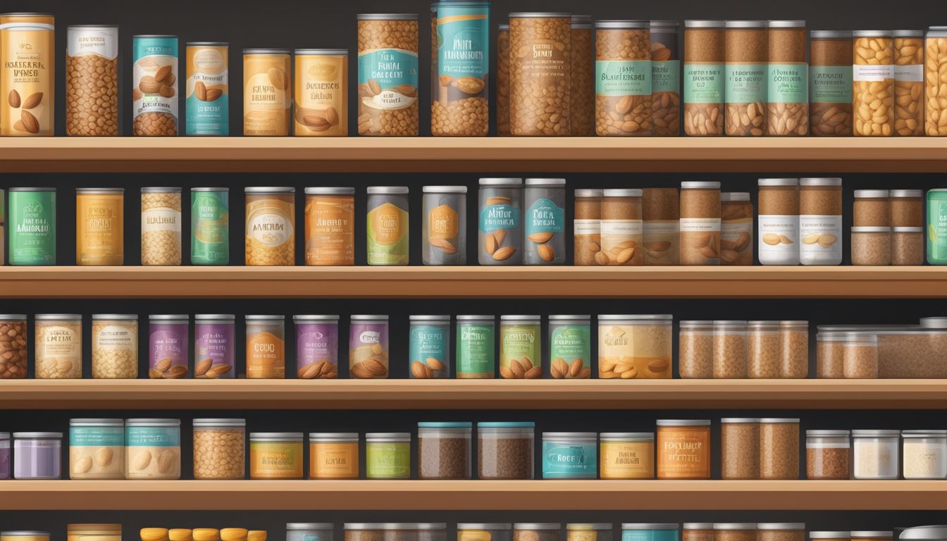 A pantry shelf with neatly organized rows of canned almond fiber, surrounded by cool, dry storage conditions