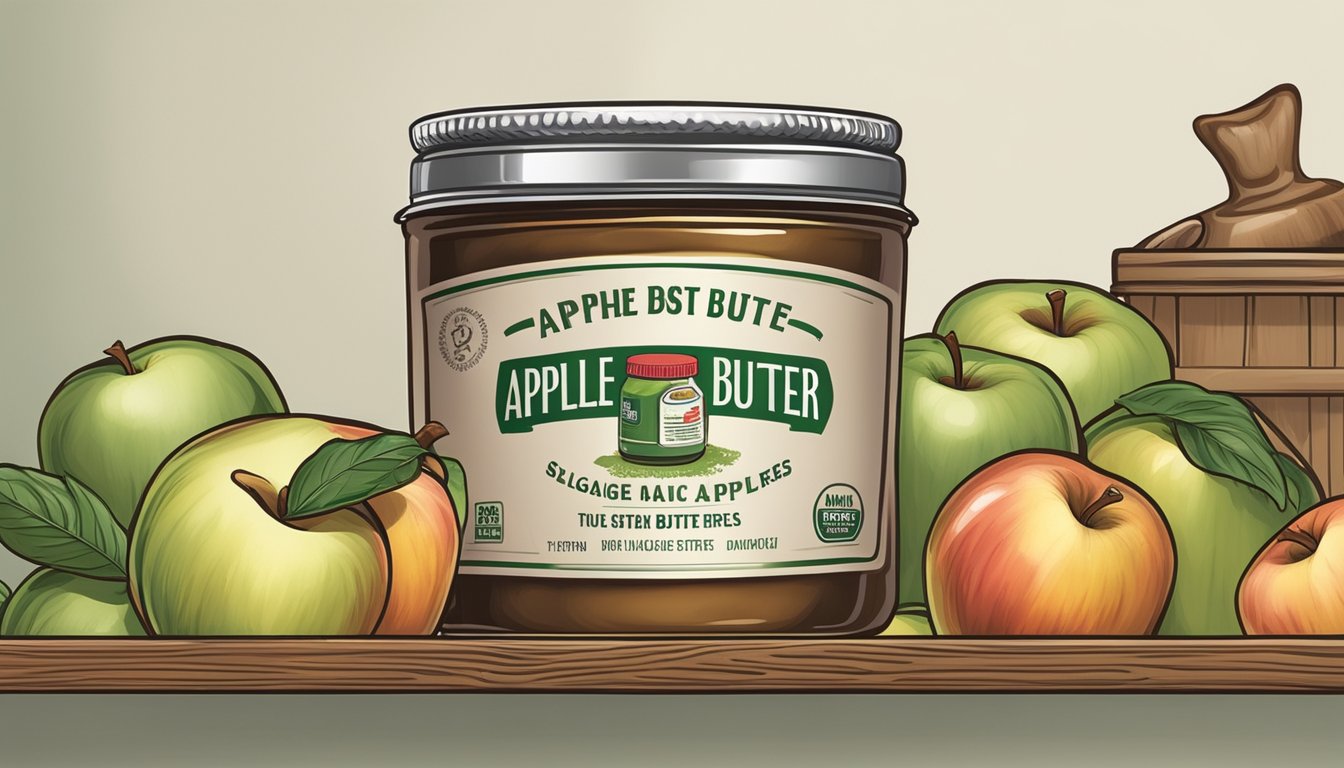 A can of apple butter sits on a shelf, surrounded by moldy apples and a musty smell. The can's lid is bulging and dented, indicating spoilage