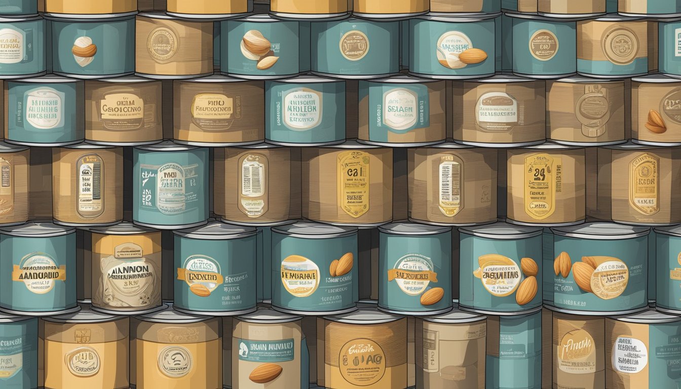 A stack of canned almond fiber with varying expiration dates, some showing signs of spoilage and rancidity, sitting on a pantry shelf