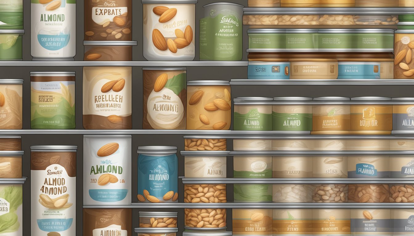 A pantry shelf with neatly organized canned almond fiber, expiration dates clearly visible