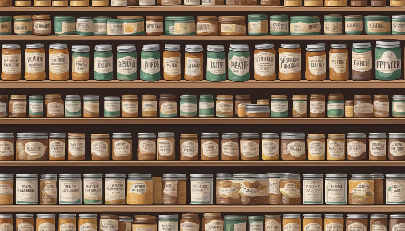 A pantry shelf filled with rows of neatly stacked canned apple butter, some with labels indicating their expiration dates