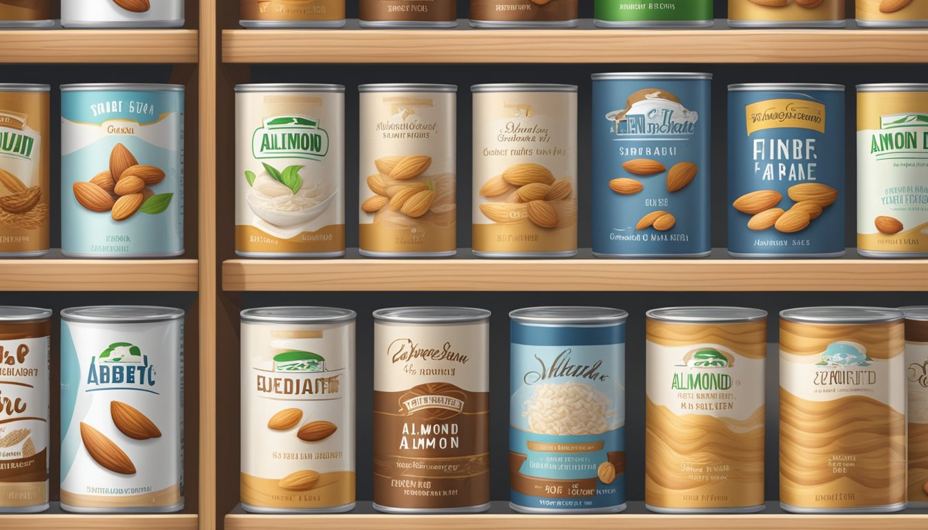 A pantry shelf with a row of canned almond fiber, expiration dates visible