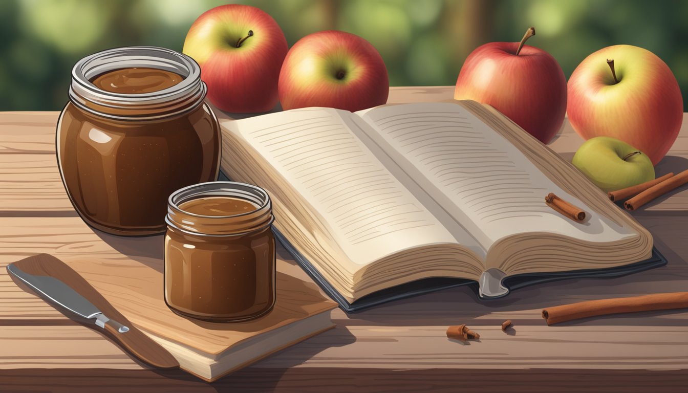 A jar of apple butter sits on a rustic wooden table surrounded by fresh apples, cinnamon sticks, and a recipe book open to a page on preserving